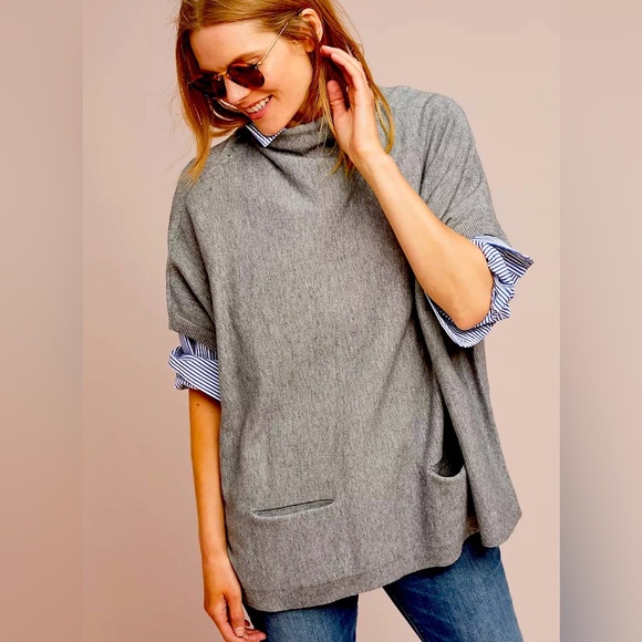 New ALYA Boho Funnel Neck Knit Sweater Poncho Oversize Versatile Heathered Gray - Picture 2 of 15